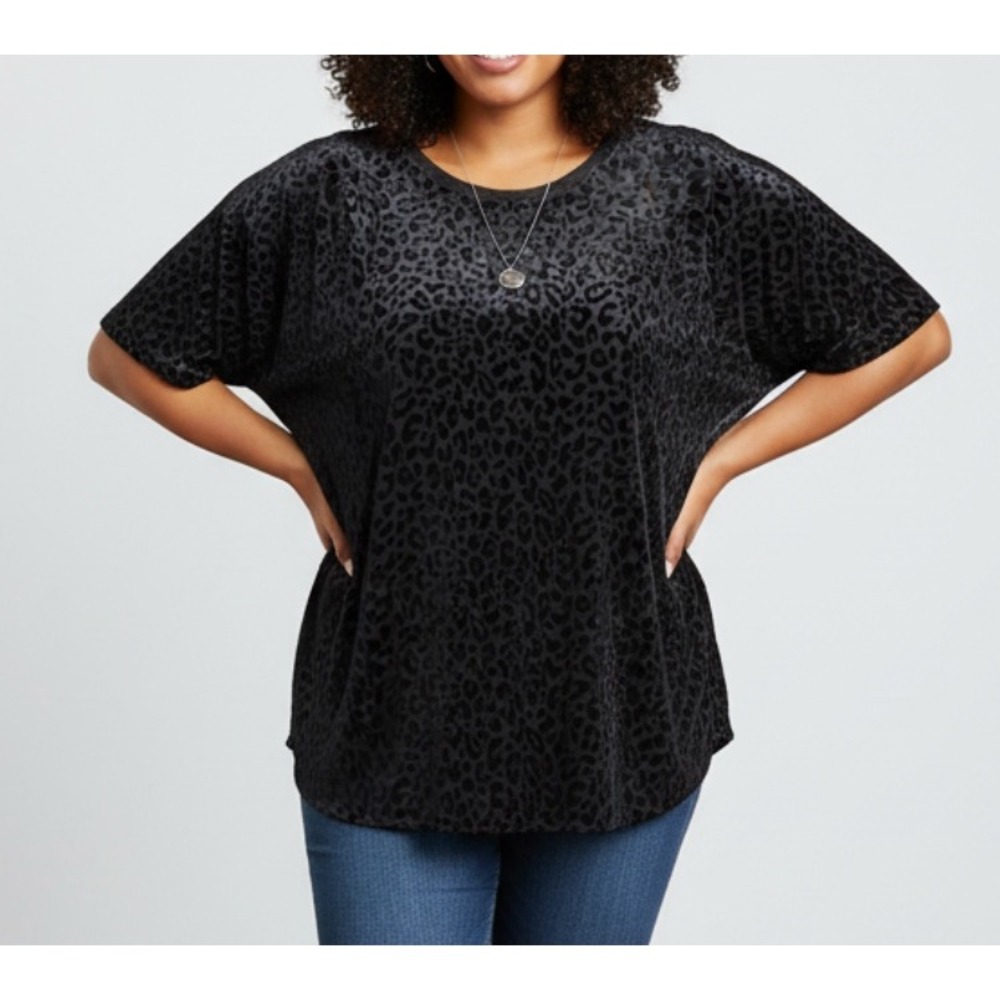 KORI AMERICA PLUS Black Velvet Burn-Out LEOPARD PRINT TOP Semi-Sheer Tunic XL